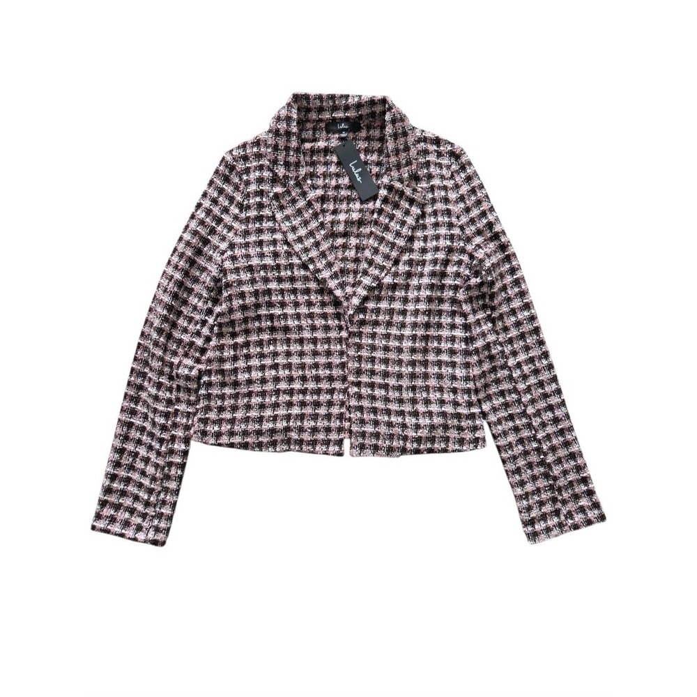 Lulus‎ Always Good Idea Pink Black Plaid Boucle Blazer M Textured Boxy Crop NEW